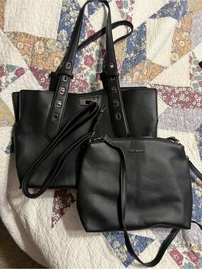 Steve Madden Black Leather Tote with Matching Black Crossbody Pouch